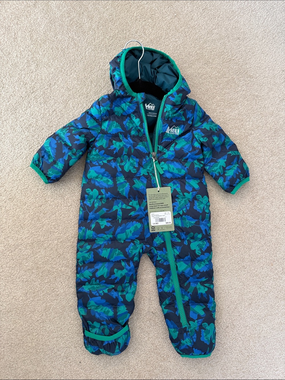 REI Blue and Green Camouflage Hooded Insulated One-Piece 3-6 Months Brand New